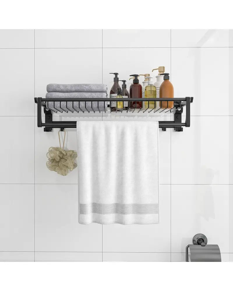 Wall Mounted Towel Shelf with Adjustable Towel Bar and Movable Hooks No Assembly Required - Towel Racks