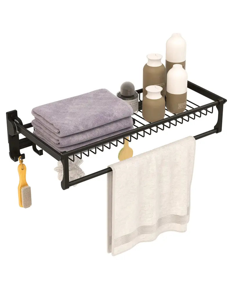 Wall Mounted Towel Shelf with Adjustable Towel Bar and Movable Hooks No Assembly Required - Towel Racks