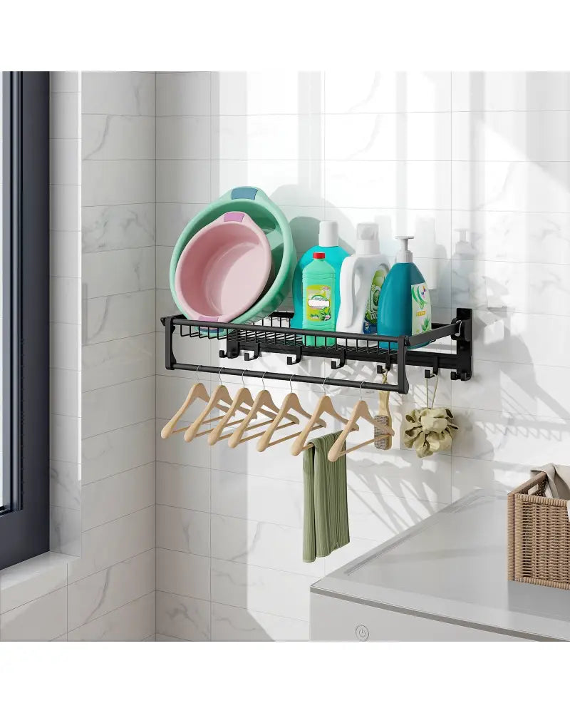 Wall Mounted Towel Shelf with Adjustable Towel Bar and Movable Hooks No Assembly Required - Towel Racks