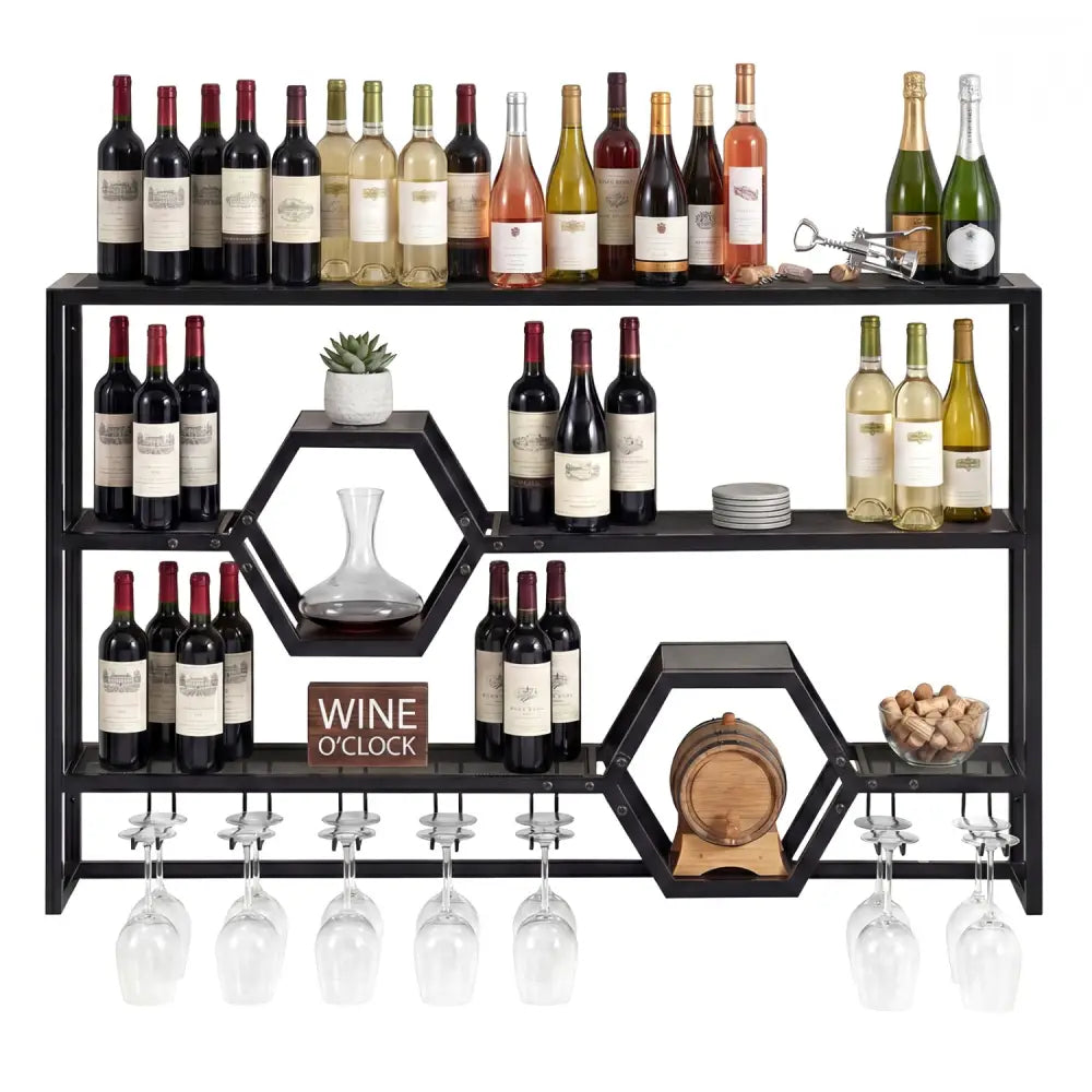 Wall Mounted Wine Rack 47’’ Large Floating Bar Shelves-Black - Black - Wine Racks