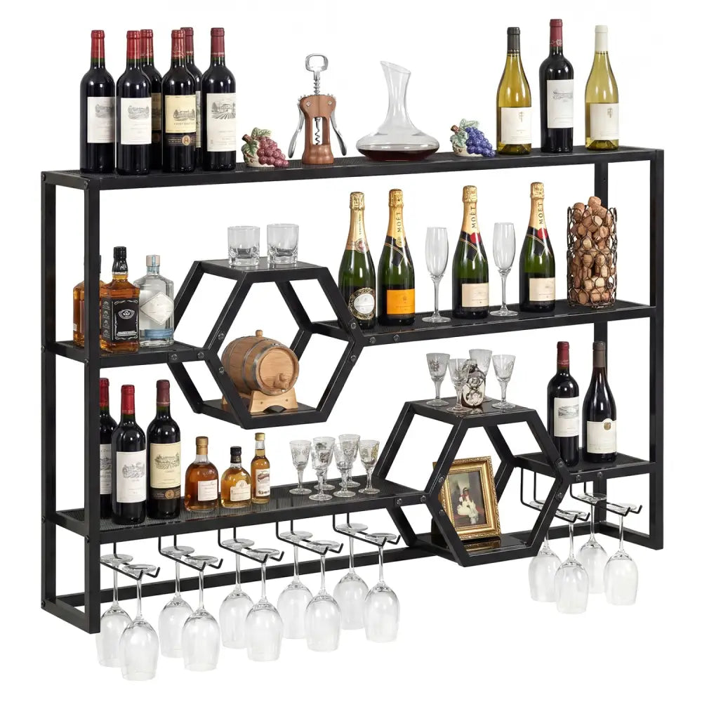 Wall Mounted Wine Rack 47’’ Large Floating Bar Shelves-Black - Black - Wine Racks