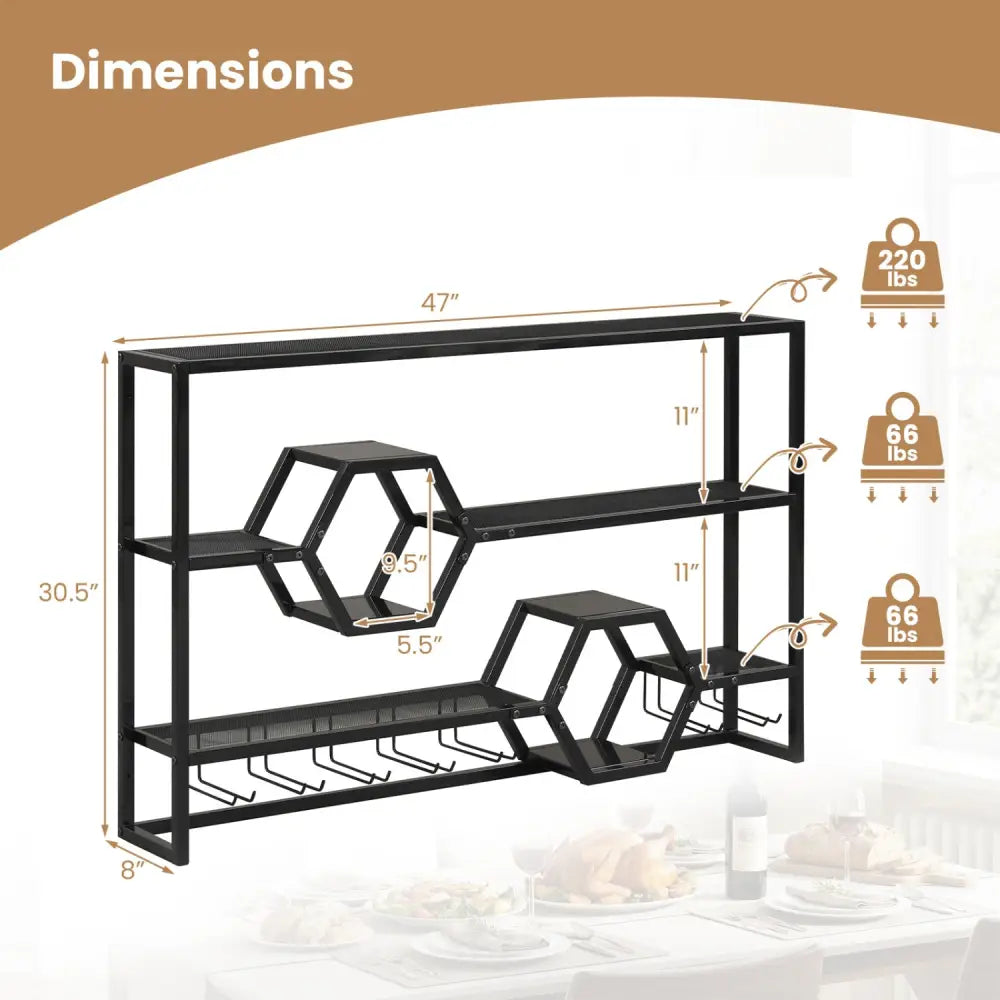Wall Mounted Wine Rack 47’’ Large Floating Bar Shelves-Black - Black - Wine Racks