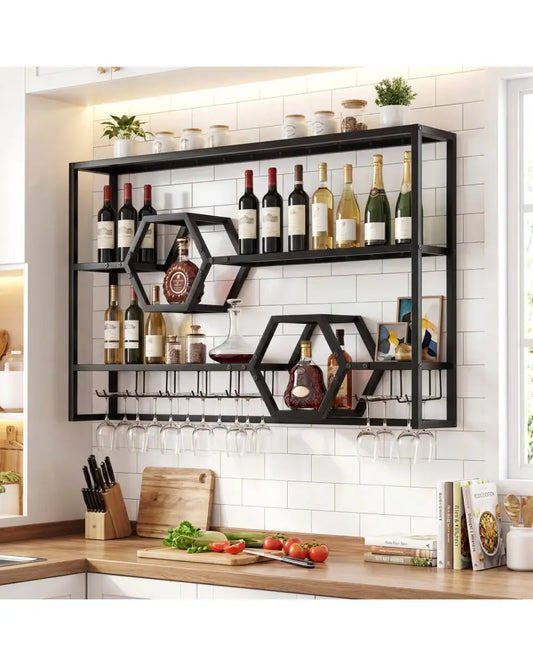 Wall Mounted Wine Rack 47’’ Large Floating Bar Shelves-Black - Black - Wine Racks