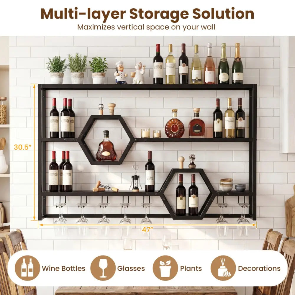 Wall Mounted Wine Rack 47’’ Large Floating Bar Shelves-Black - Black - Wine Racks