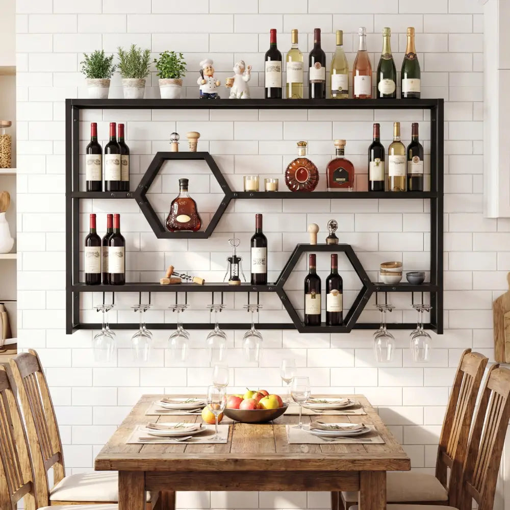 Wall Mounted Wine Rack 47’’ Large Floating Bar Shelves-Black - Black - Wine Racks