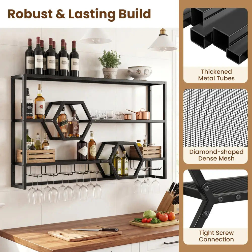 Wall Mounted Wine Rack 47’’ Large Floating Bar Shelves-Black - Black - Wine Racks