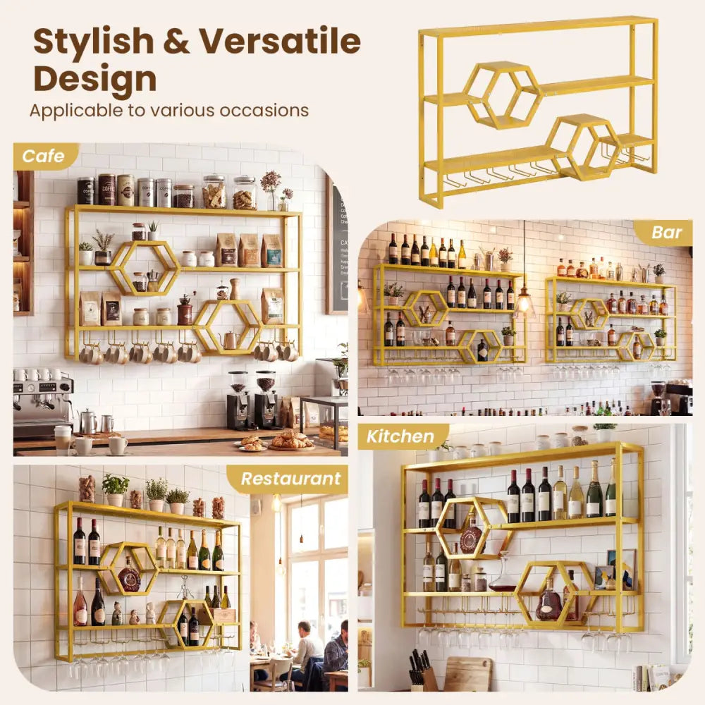 Wall Mounted Wine Rack 47’’ Large Floating Bar Shelves-Gold - Gold - Wine Racks