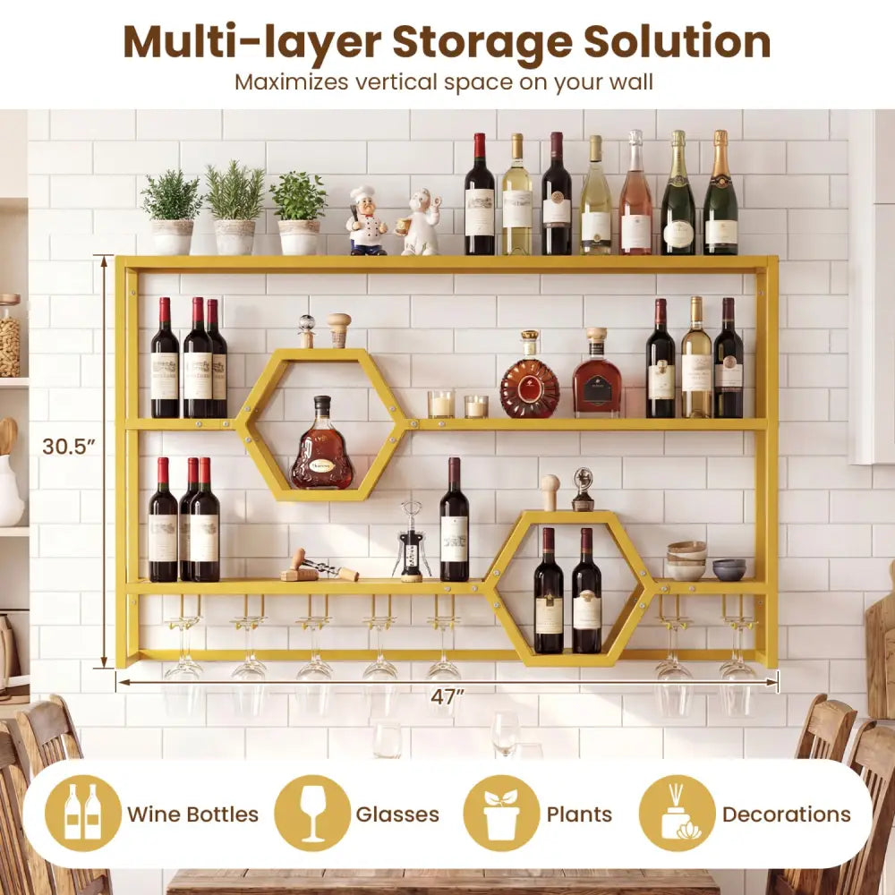 Wall Mounted Wine Rack 47’’ Large Floating Bar Shelves-Gold - Gold - Wine Racks