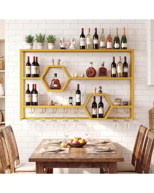 Wall Mounted Wine Rack 47’’ Large Floating Bar Shelves-Gold - Gold - Wine Racks