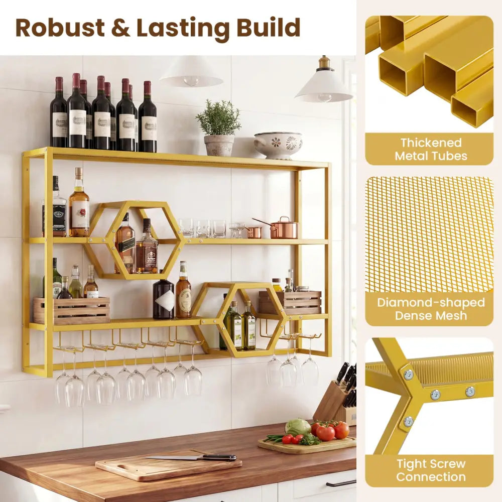 Wall Mounted Wine Rack 47’’ Large Floating Bar Shelves-Gold - Gold - Wine Racks