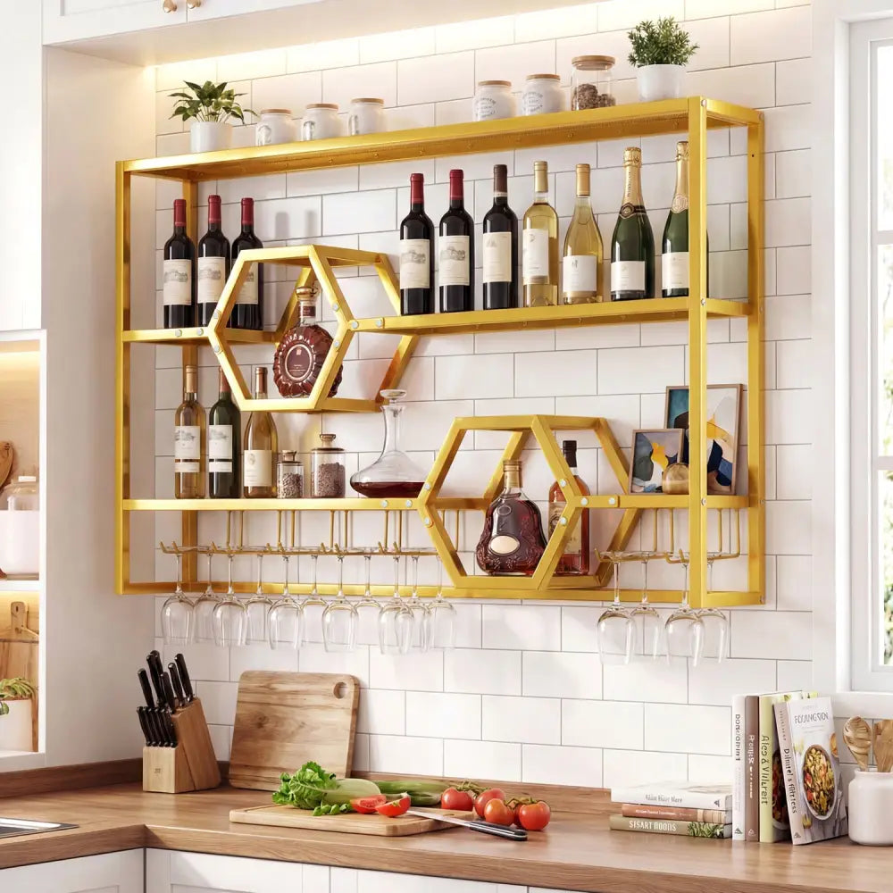 Wall Mounted Wine Rack 47’’ Large Floating Bar Shelves-Gold - Gold - Wine Racks