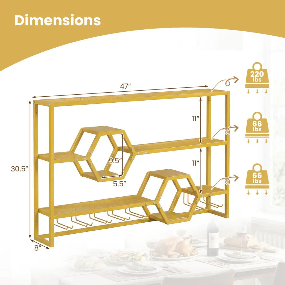 Wall Mounted Wine Rack 47’’ Large Floating Bar Shelves-Gold - Gold - Wine Racks