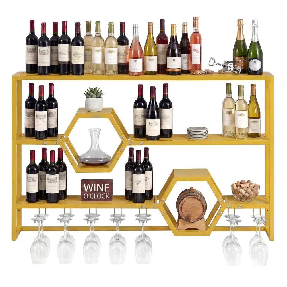 Wall Mounted Wine Rack 47’’ Large Floating Bar Shelves-Gold - Gold - Wine Racks