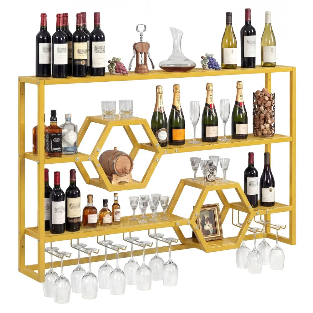Wall Mounted Wine Rack 47’’ Large Floating Bar Shelves-Gold - Gold - Wine Racks