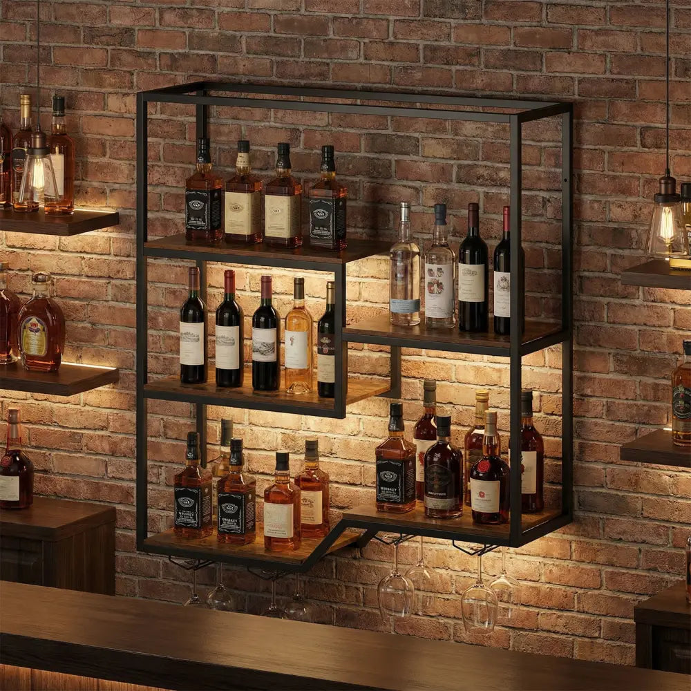 Wall Mounted Wine Rack 6-Tier Hanging Bar Shelf with Bottle Display Shelf and Glass Holder-Rustic Brown - Rustic Brown