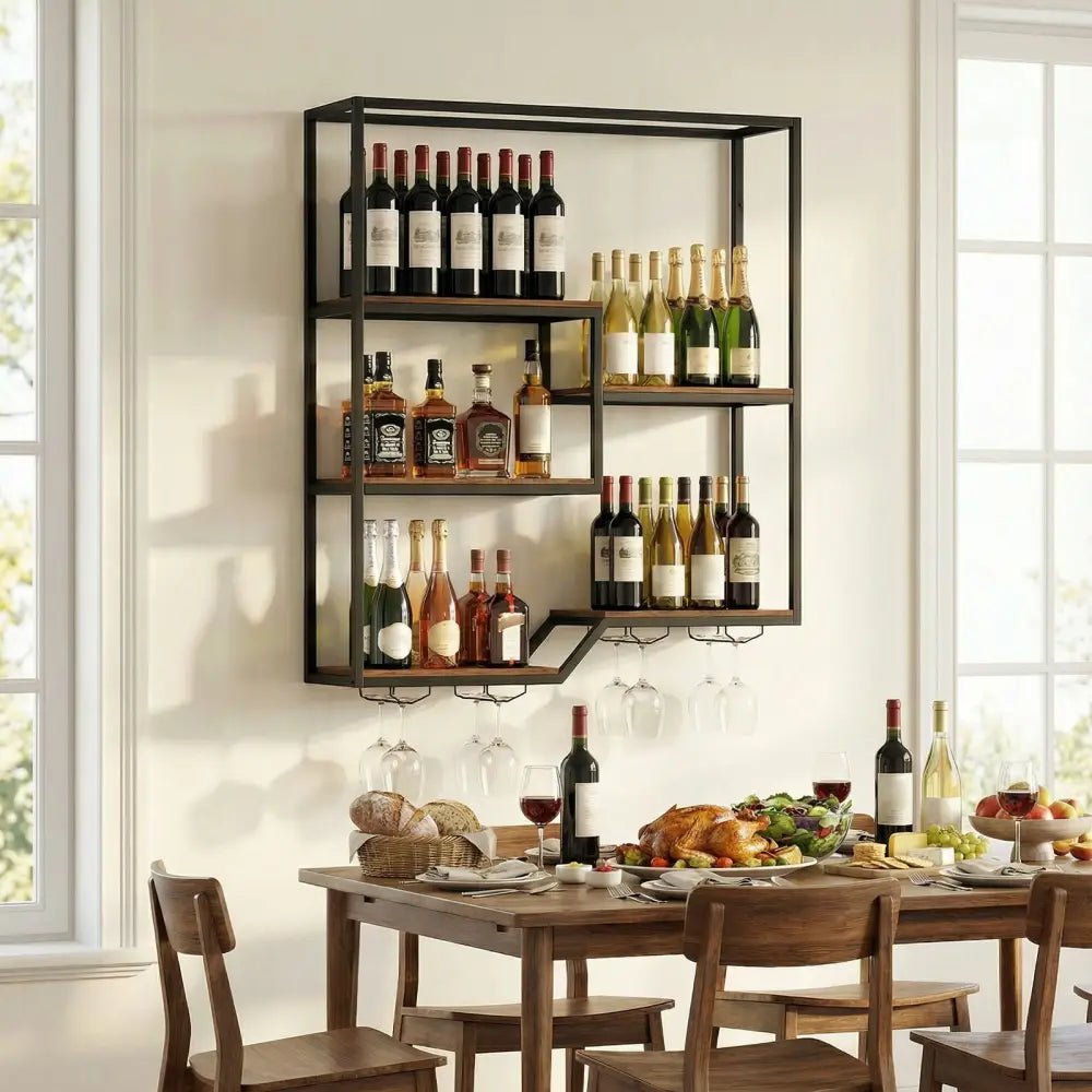 Wall Mounted Wine Rack 6-Tier Hanging Bar Shelf with Bottle Display Shelf and Glass Holder-Rustic Brown - Rustic Brown