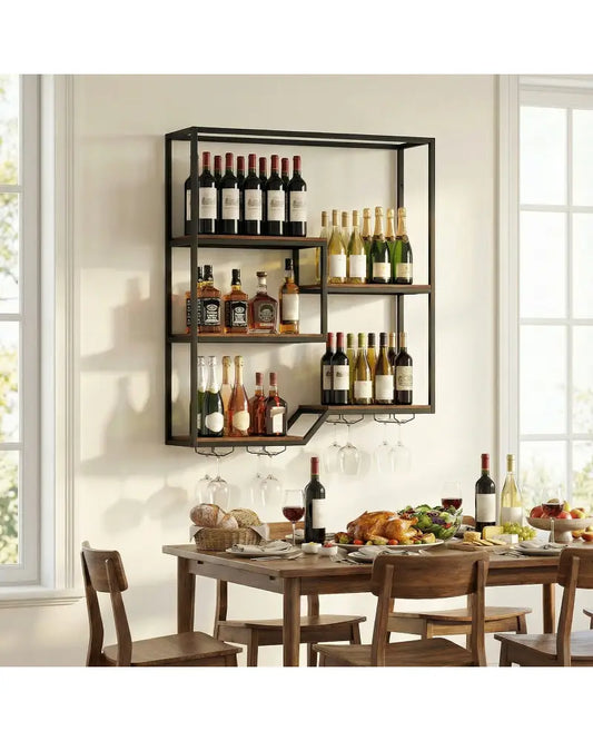 Wall Mounted Wine Rack 6-Tier Hanging Bar Shelf with Bottle Display Shelf and Glass Holder-Rustic Brown - Rustic Brown