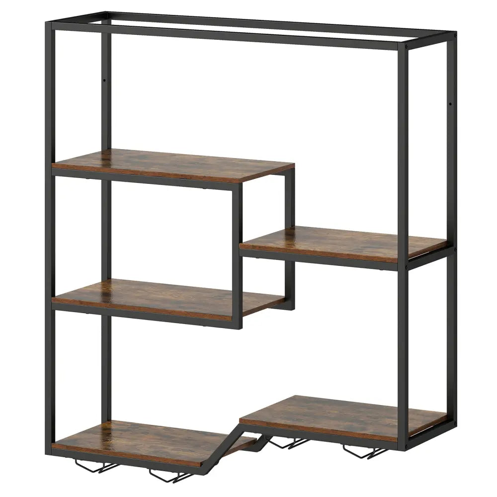 Wall Mounted Wine Rack 6-Tier Hanging Bar Shelf with Bottle Display Shelf and Glass Holder-Rustic Brown - Rustic Brown