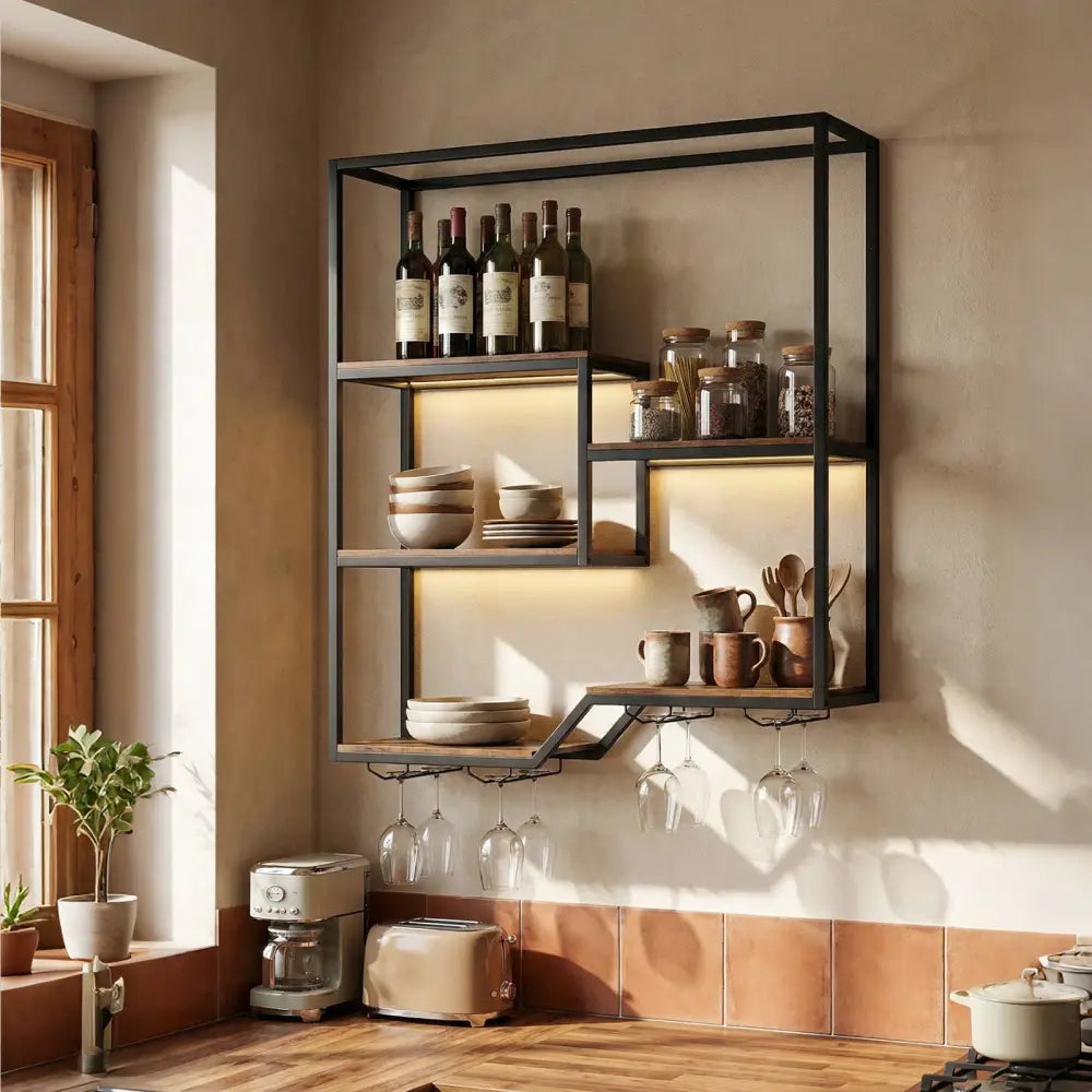 Wall Mounted Wine Rack 6-Tier Hanging Bar Shelf with Bottle Display Shelf and Glass Holder-Rustic Brown - Rustic Brown