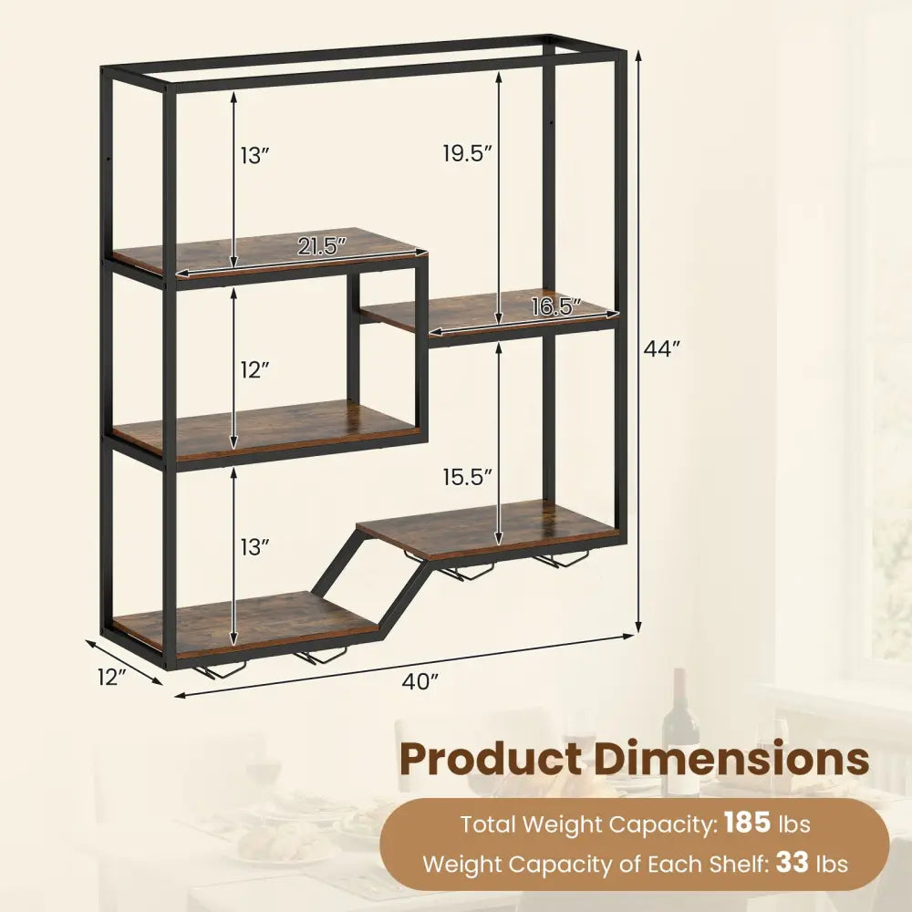 Wall Mounted Wine Rack 6-Tier Hanging Bar Shelf with Bottle Display Shelf and Glass Holder-Rustic Brown - Rustic Brown