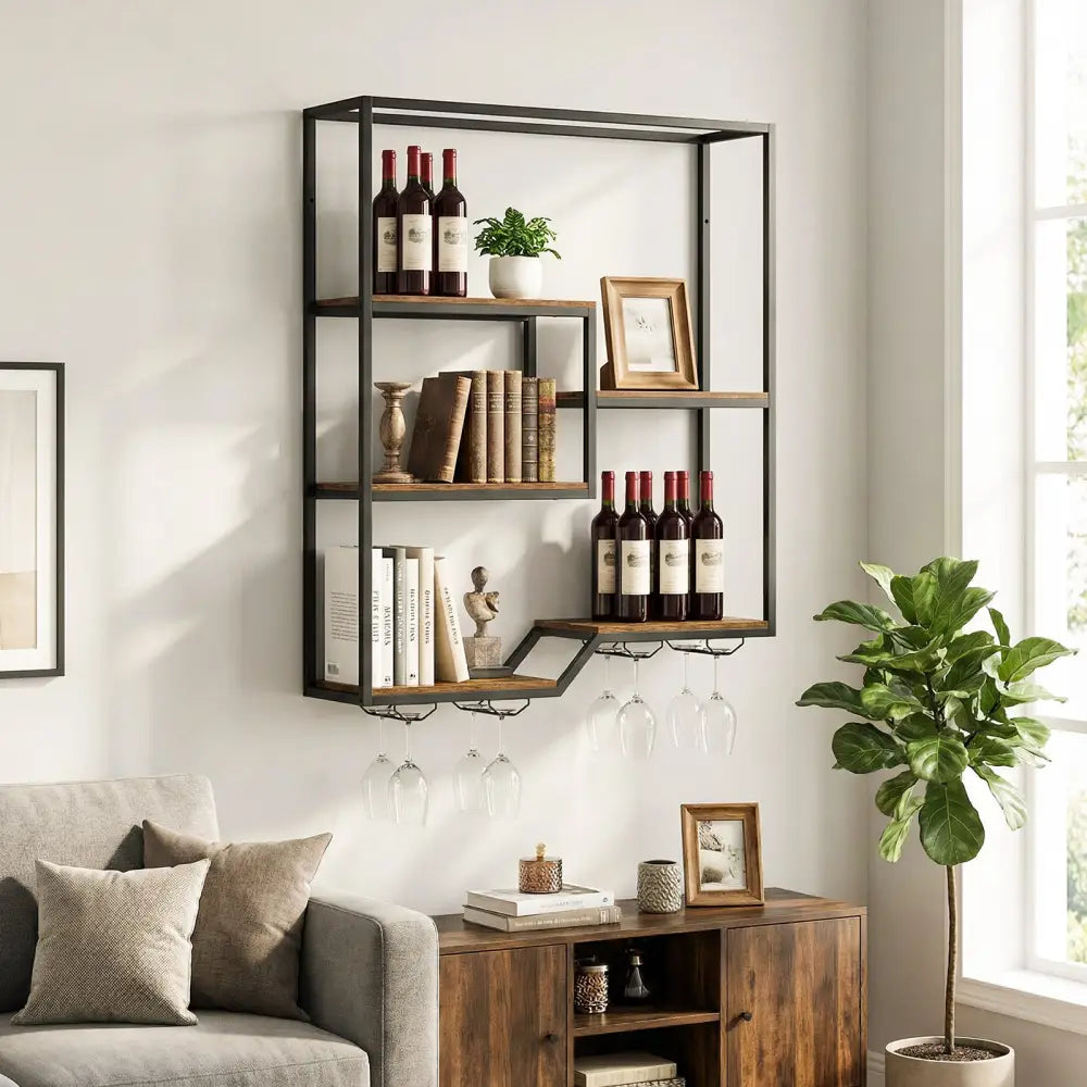 Wall Mounted Wine Rack 6-Tier Hanging Bar Shelf with Bottle Display Shelf and Glass Holder-Rustic Brown - Rustic Brown