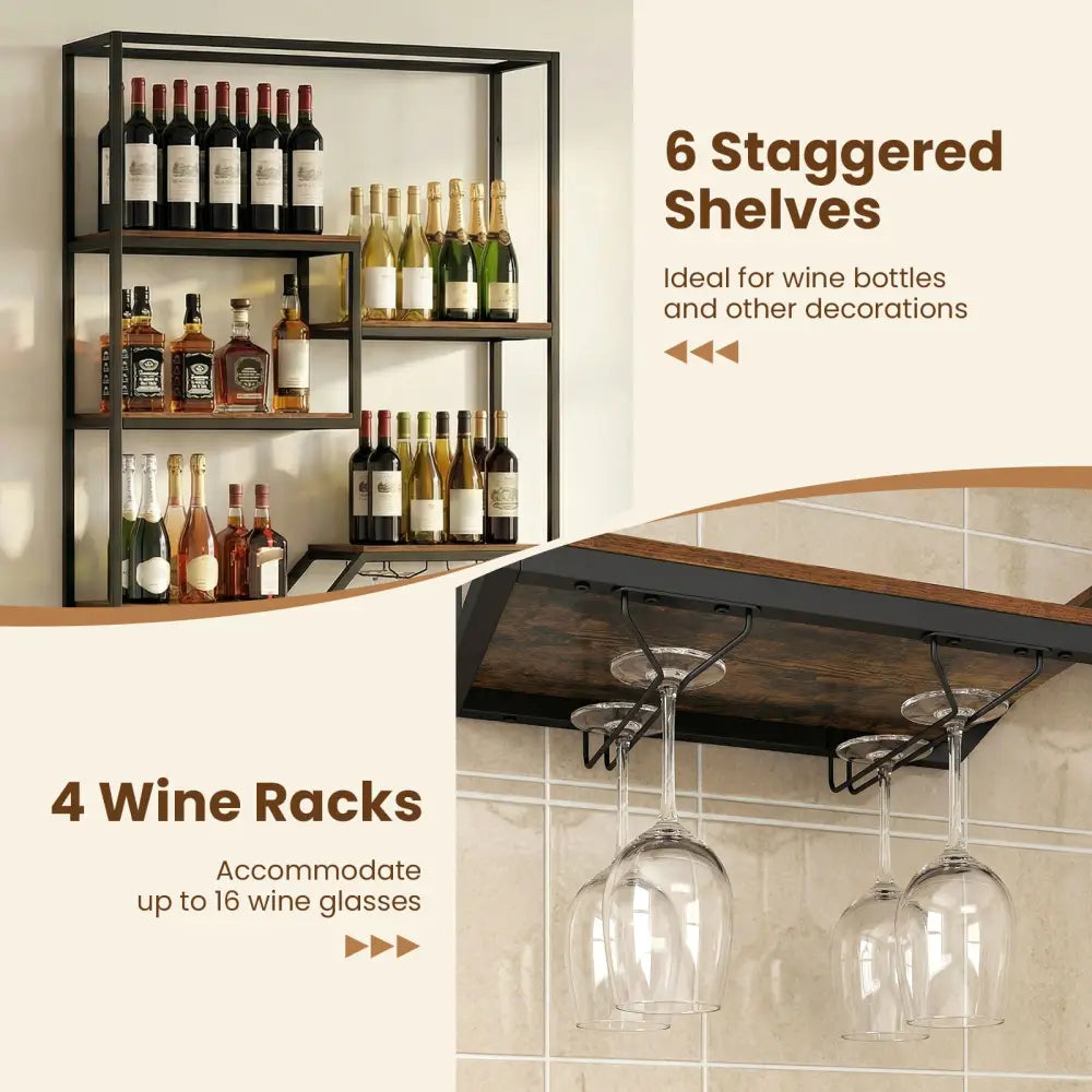 Wall Mounted Wine Rack 6-Tier Hanging Bar Shelf with Bottle Display Shelf and Glass Holder-Rustic Brown - Rustic Brown