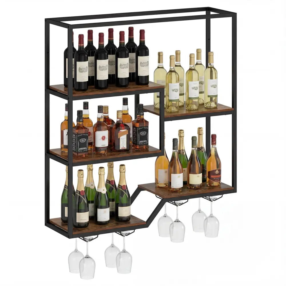 Wall Mounted Wine Rack 6-Tier Hanging Bar Shelf with Bottle Display Shelf and Glass Holder-Rustic Brown - Rustic Brown