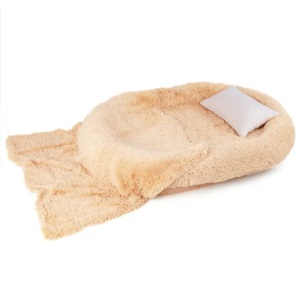Washable Fluffy Human Dog Bed with Soft Blanket and Plump Pillow-Brown - Brown - Dog Supplies