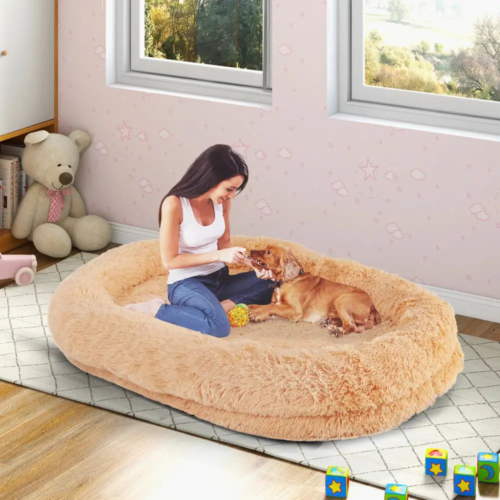 Washable Fluffy Human Dog Bed with Soft Blanket and Plump Pillow-Brown - Brown - Dog Supplies