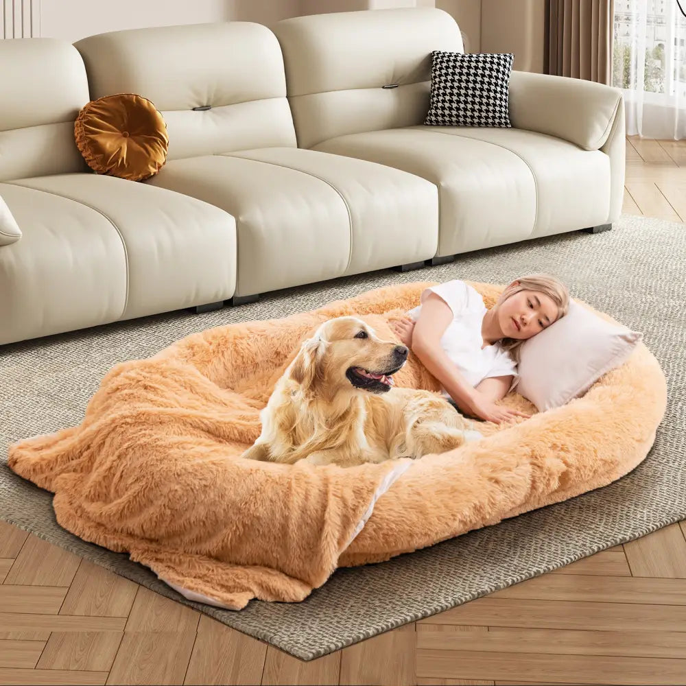 Washable Fluffy Human Dog Bed with Soft Blanket and Plump Pillow-Brown - Brown - Dog Supplies