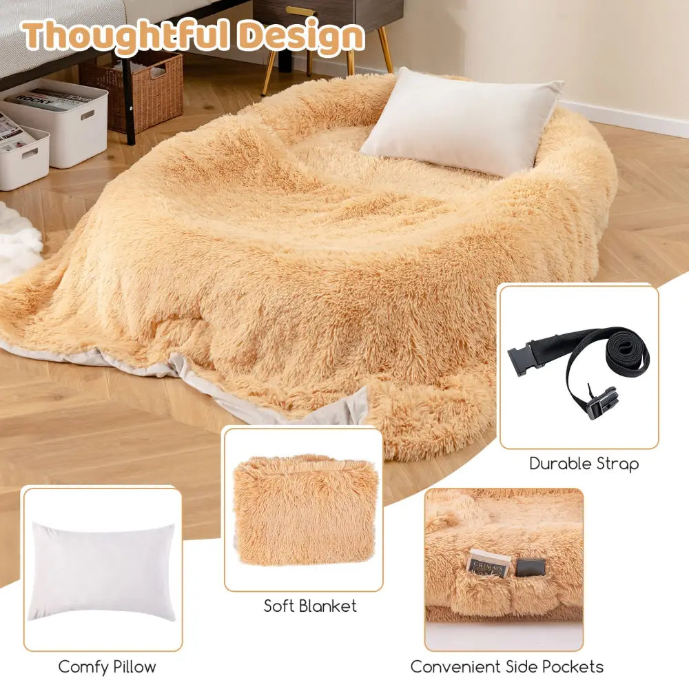 Washable Fluffy Human Dog Bed with Soft Blanket and Plump Pillow-Brown - Brown - Dog Supplies