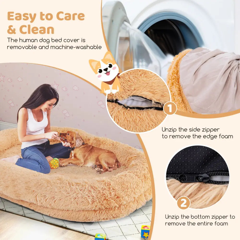 Washable Fluffy Human Dog Bed with Soft Blanket and Plump Pillow-Brown - Brown - Dog Supplies