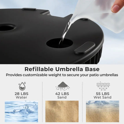 Water and Sand Filled Outdoor Umbrella Stand with Shell Texture and 3 Coupler Sizes-Black - Black - Outdoor Umbrella