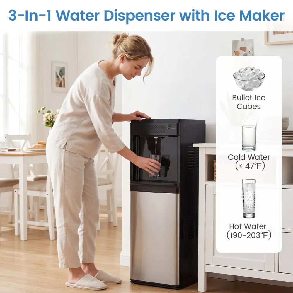 Water Dispenser with Ice Maker 3 in 1 Bottom Loading Water Cooler for 5 Gallon Bottle-Black - Black - Ice Makers