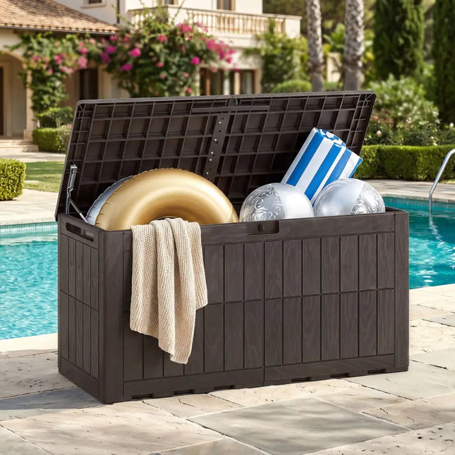 Waterproof Lockable Outdoor Deck Box for Tools Cushions Pool-Dark Brown - Dark Brown - Sheds & Outdoor Storage