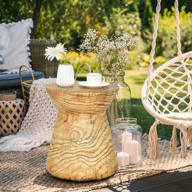 Weather Resident Rock End Table with Wood Grain for Living Room - Natural - Patio Tables