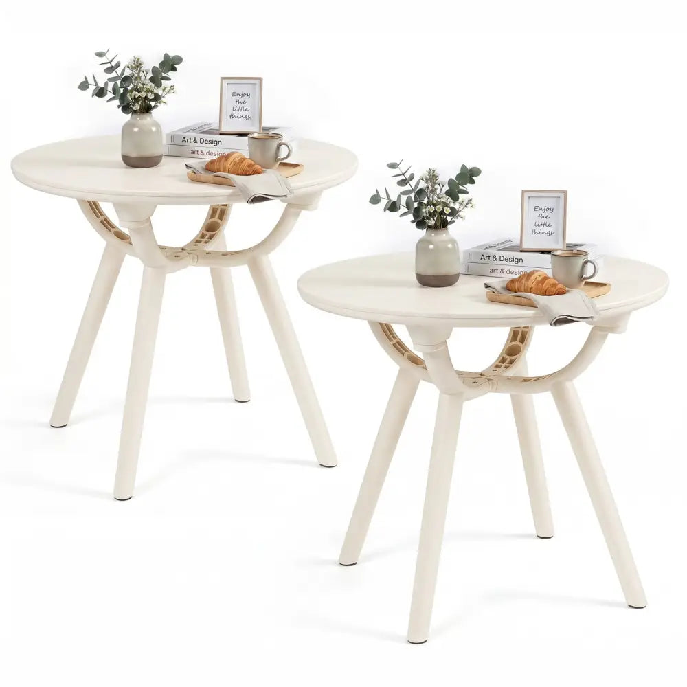 Weather-Resistant Circular Small End Table for Poolside and Balcony-set of 2 - White - Patio Coffee Tables