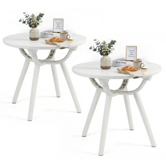 Weather-Resistant Circular Small End Table for Poolside and Balcony-set of 2 - White - Patio Coffee Tables