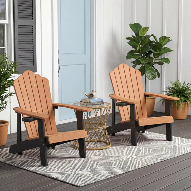 Weather Resistant HIPS Outdoor Adirondack Chair with Cup Holder-Brown - Brown - Adirondack Chairs
