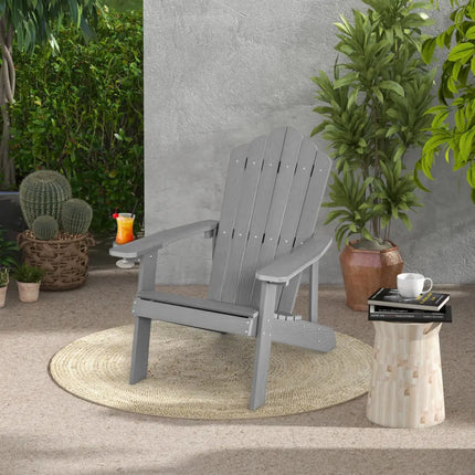 Weather Resistant HIPS Outdoor Adirondack Chair with Cup Holder-Gray - Gray - Adirondack Chairs