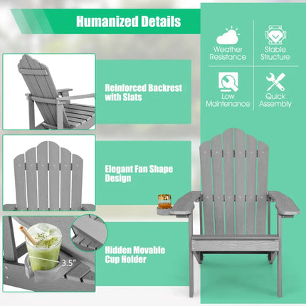 Weather Resistant HIPS Outdoor Adirondack Chair with Cup Holder-Gray - Gray - Adirondack Chairs