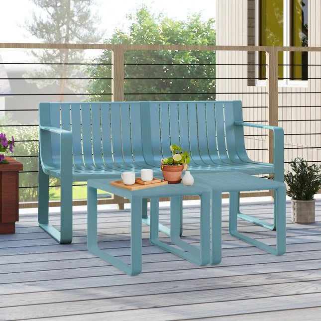 Weather-resistant Plastic 2-Person Bench with Curved Backrest-Blue - Blue - Outdoor Benches