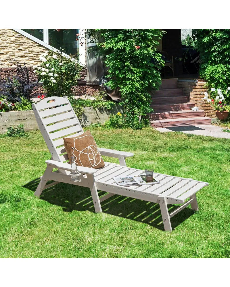Weatherproof Patio Lounge Chair with Adjustable Back and Cup Holder-White - White - Outdoor Chaise Lounges