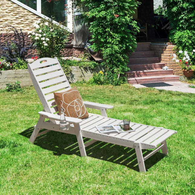 Weatherproof Patio Lounge Chair with Adjustable Back and Cup Holder-White - White - Outdoor Chaise Lounges
