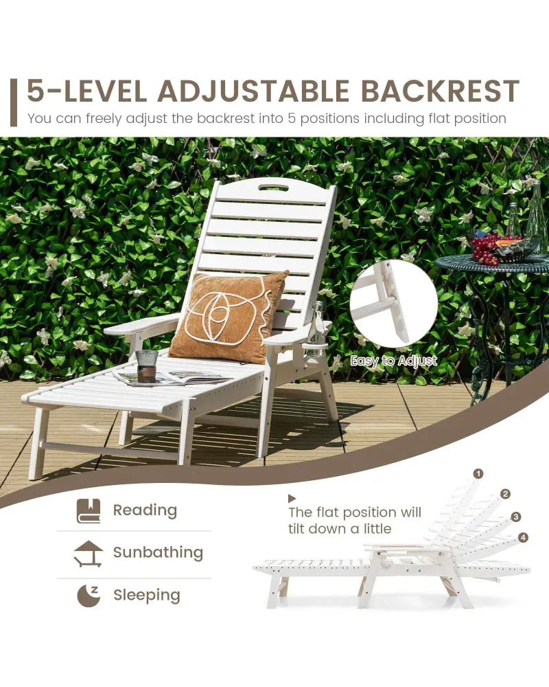 Weatherproof Patio Lounge Chair with Adjustable Back and Cup Holder-White - White - Outdoor Chaise Lounges