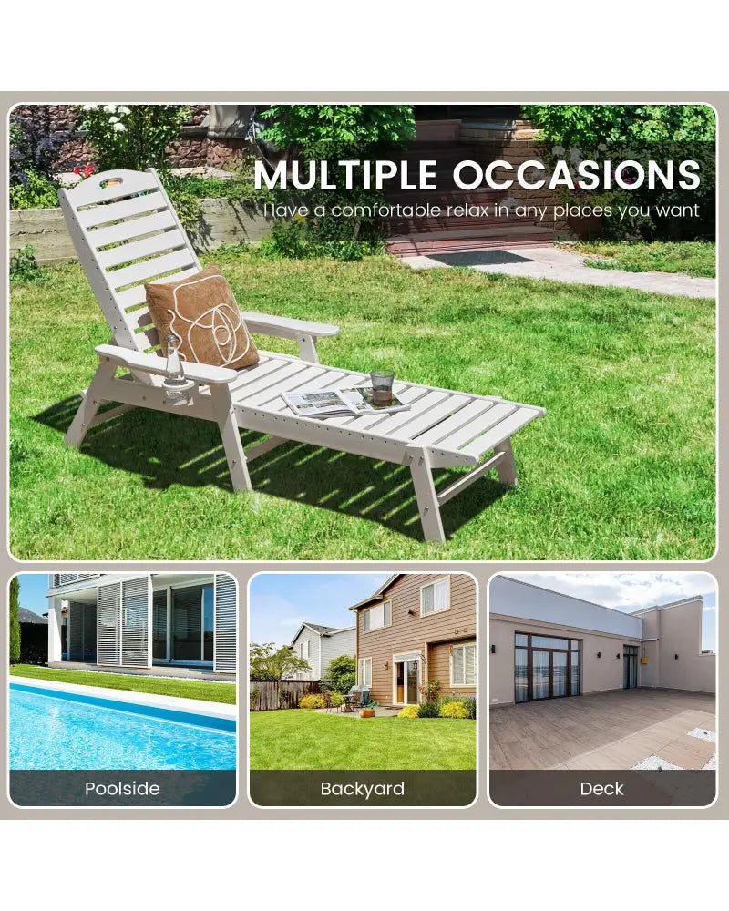 Weatherproof Patio Lounge Chair with Adjustable Back and Cup Holder-White - White - Outdoor Chaise Lounges