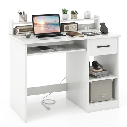 White Desk with Charging Station and Adjustable Shelf for Home Office-White - White - Writing Desks