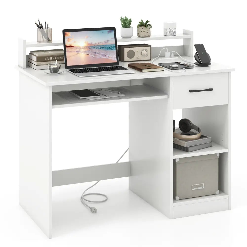 White Desk with Charging Station and Adjustable Shelf for Home Office-White - White - Writing Desks