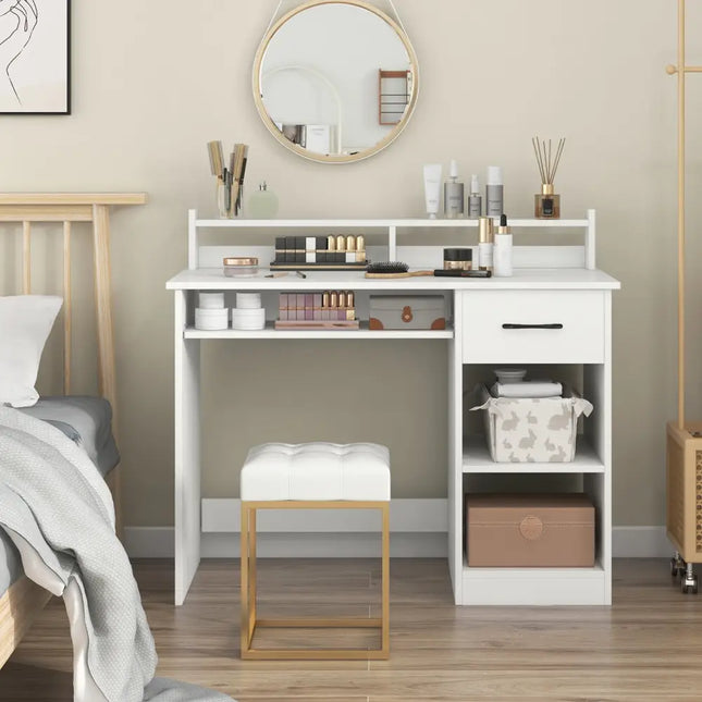White Desk with Charging Station and Adjustable Shelf for Home Office-White - White - Writing Desks