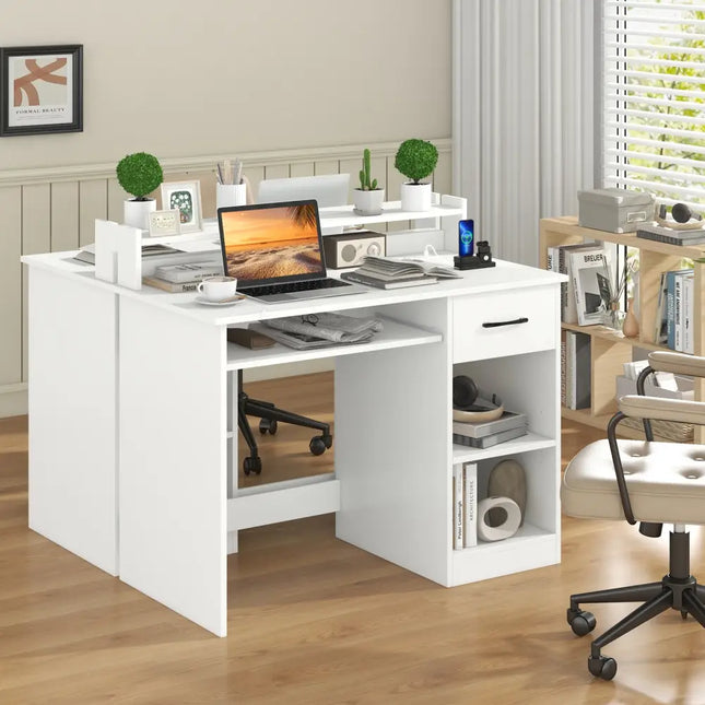 White Desk with Charging Station and Adjustable Shelf for Home Office-White - White - Writing Desks